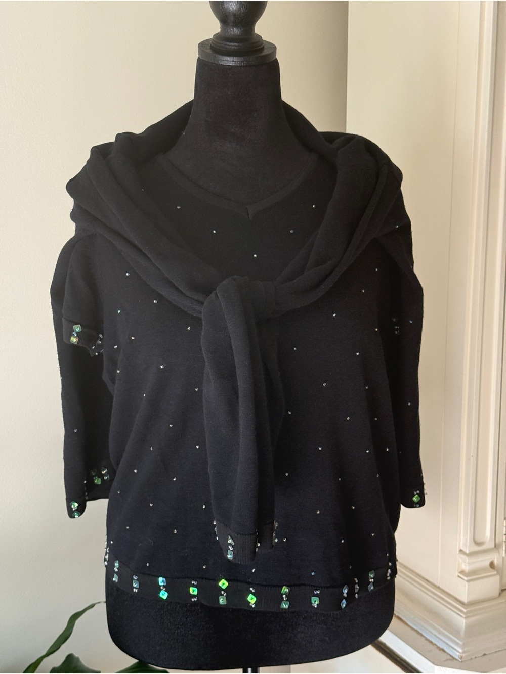 Milano Black V-Neck Cardigan with Green Iridescent Beads